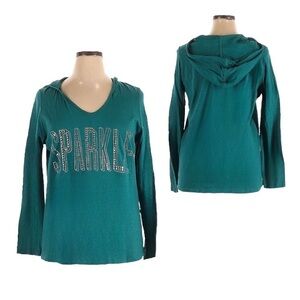 🌺 Lane Bryant Teal Studded Sparkle Graphic Hooded Long Sleeve Tee Size 14/16
